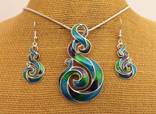 Load image into Gallery viewer, Blue, Green, Purple & Silver Tone Hook Koru Pendant Necklace & Earrings Set