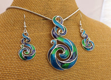Load image into Gallery viewer, Blue, Green, Purple & Silver Tone Hook Koru Pendant Necklace & Earrings Set