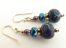 Load image into Gallery viewer, Blue & Purple Mix Green Kathryn Design bead earrings on sterling silver Hooks
