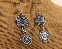 Load image into Gallery viewer, Blue, Red, Green, Yellow & Silver Tone Round Dotted Drop Earrings