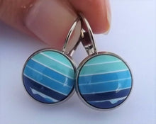 Load image into Gallery viewer, Blue & White Stripes - Dome Earrings on Lever Back Hooks