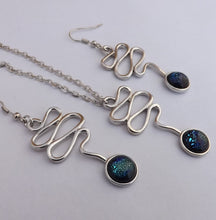 Load image into Gallery viewer, Dichroic Dome & Silver Tone Squiggle Necklace & Earrings Set (Purple or Blue)