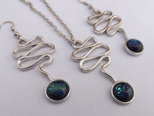 Load image into Gallery viewer, Dichroic Dome & Silver Tone Squiggle Necklace & Earrings Set (Purple or Blue)