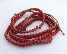 Load image into Gallery viewer, Brown Cord & Red Bead Long Strand Bracelet