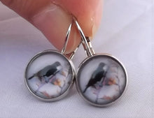 Load image into Gallery viewer, Tui with Flax Fowers - Dome Earrings on Lever Back Hooks (The NZ Collection)