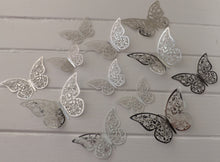 Load image into Gallery viewer, 12x Metallic Mirror Effect Filigree Style Butterfly 3D Wall Decals (4x colour options)
