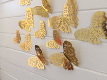 Load image into Gallery viewer, 12x Metallic Mirror Effect Effect Filigree Style Butterfly 3D Wall Decals (3 colour options)