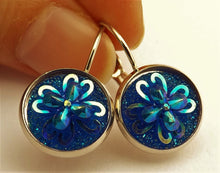 Load image into Gallery viewer, Dark Blue 3D AB Lustre Flower Earrings on Lever Back Hooks