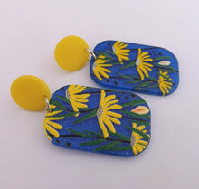 Load image into Gallery viewer, Dark Blue & Yellow Floral Acrylic Earrings