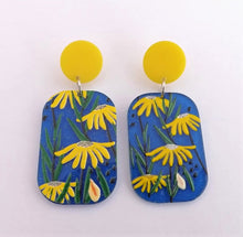 Load image into Gallery viewer, Dark Blue & Yellow Floral Acrylic Earrings