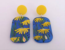 Load image into Gallery viewer, Dark Blue & Yellow Floral Acrylic Earrings