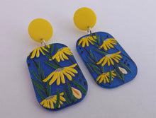 Load image into Gallery viewer, Dark Blue & Yellow Floral Acrylic Earrings