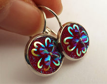 Load image into Gallery viewer, Red 3D AB Lustre Flower Earrings on Lever Back Hooks