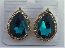 Load image into Gallery viewer, Dark Warm Blue, Gold Tone & Silver Diamante Teardrop Clip On Earrings