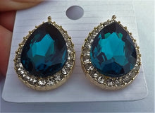 Load image into Gallery viewer, Dark Warm Blue, Gold Tone & Silver Diamante Teardrop Clip On Earrings