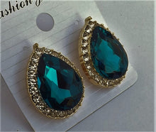 Load image into Gallery viewer, Dark Warm Blue, Gold Tone & Silver Diamante Teardrop Clip On Earrings