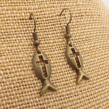 Load image into Gallery viewer, Fish with Cross (Ichthys) Earrings (Silver or Bronze)