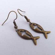 Load image into Gallery viewer, Fish with Cross (Ichthys) Earrings (Silver or Bronze)