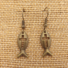Load image into Gallery viewer, Fish with Cross (Ichthys) Earrings (Silver or Bronze)