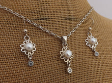 Load image into Gallery viewer, Freshwater Pearl, Faux Diamond & Sterling Silver Drop Pendant Necklace & Earrings Set