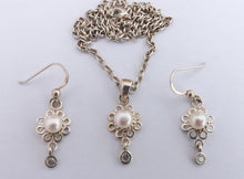 Load image into Gallery viewer, Freshwater Pearl, Faux Diamond & Sterling Silver Drop Pendant Necklace & Earrings Set