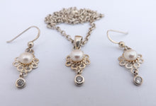 Load image into Gallery viewer, Freshwater Pearl, Faux Diamond & Sterling Silver Drop Pendant Necklace & Earrings Set