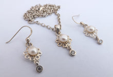 Load image into Gallery viewer, Freshwater Pearl, Faux Diamond & Sterling Silver Drop Pendant Necklace & Earrings Set
