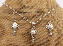 Load image into Gallery viewer, Freshwater Pearl, Faux Diamond & Sterling Silver Drop Pendant Necklace & Earrings Set