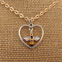 Load image into Gallery viewer, Gold & Silver Tone Bee in Heart Pendant & Earrings Set