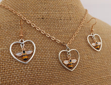 Load image into Gallery viewer, Gold & Silver Tone Bee in Heart Pendant & Earrings Set