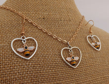 Load image into Gallery viewer, Gold & Silver Tone Bee in Heart Pendant & Earrings Set