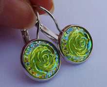 Load image into Gallery viewer, Green 3D AB Lustre Flower Earrings on Lever Back Hooks