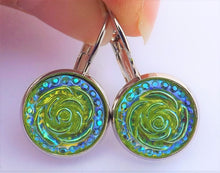 Load image into Gallery viewer, Green 3D AB Lustre Flower Earrings on Lever Back Hooks