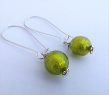 Load image into Gallery viewer, Green Foil Glass Bead Earrings on Long Kidney Hooks