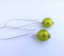 Load image into Gallery viewer, Green Foil Glass Bead Earrings on Long Kidney Hooks