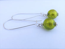 Load image into Gallery viewer, Green Foil Glass Bead Earrings on Long Kidney Hooks