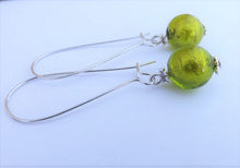 Load image into Gallery viewer, Green Foil Glass Bead Earrings on Long Kidney Hooks