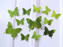 Load image into Gallery viewer, 12x Reflective Green Metallic Mirror Effect Silver 3D Butterfly Wall Decals