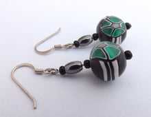 Load image into Gallery viewer, Green, Black & White Kathryn Design Bead Earrings on Sterling Silver Hooks