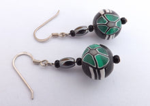 Load image into Gallery viewer, Green, Black & White Kathryn Design Bead Earrings on Sterling Silver Hooks