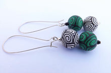 Load image into Gallery viewer, Green, Black & White Kathryn Design Bead Earrings on Long Kidney Hooks