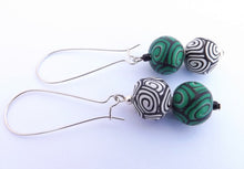 Load image into Gallery viewer, Green, Black & White Kathryn Design Bead Earrings on Long Kidney Hooks