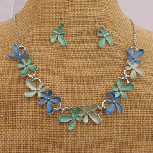 Load image into Gallery viewer, Green & Blue Floral Collar Necklace & Earrings Set