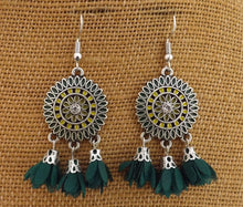 Load image into Gallery viewer, Silver Tone Chandelier Earrings with Flower Posy Tassel Drops (multiple colour options)