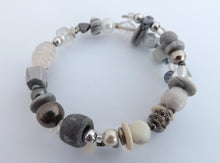 Load image into Gallery viewer, Grey, Silver, Clear, White & Pearl Beads Memory Wire Bracelet