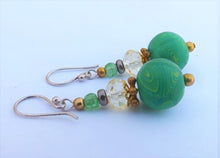 Load image into Gallery viewer, Handmade Green & Gold Kathryn Design Bead Earrings on Sterling Silver Hooks