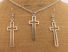 Load image into Gallery viewer, Hollowed Silver Tone Cross Pendant Necklace & Earrings Set