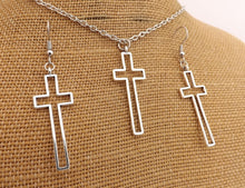 Load image into Gallery viewer, Hollowed Silver Tone Cross Pendant Necklace & Earrings Set