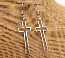 Load image into Gallery viewer, Hollowed Silver Tone Cross Pendant Necklace & Earrings Set