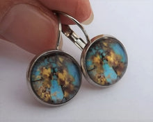 Load image into Gallery viewer, Kowhai Flowers, Blue Sky - Dome Earrings on Lever Back Hooks (The NZ Collection)